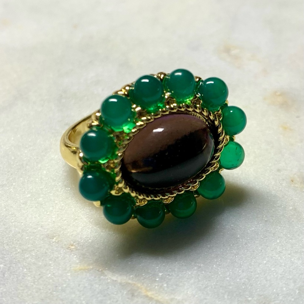 Ben Amun 24k Gold Plated Ring Purple Green Glass Cabochon Stones Cocktail Size 7